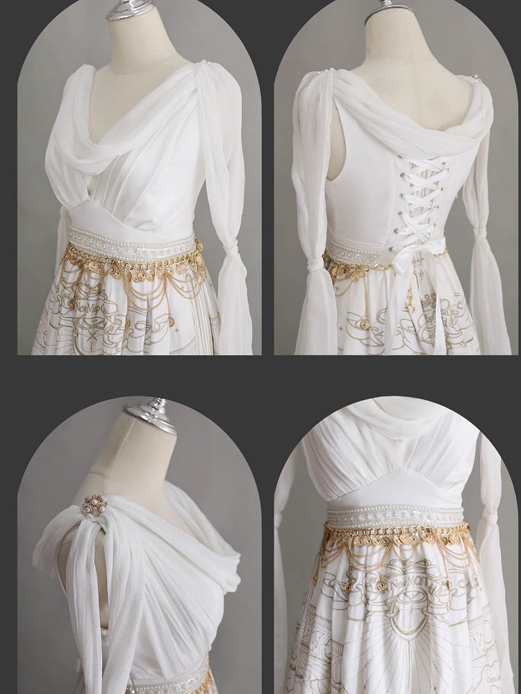 Neckline Greek Style Skirt Cowl Gold Jumper Celestial Map Embroidery White