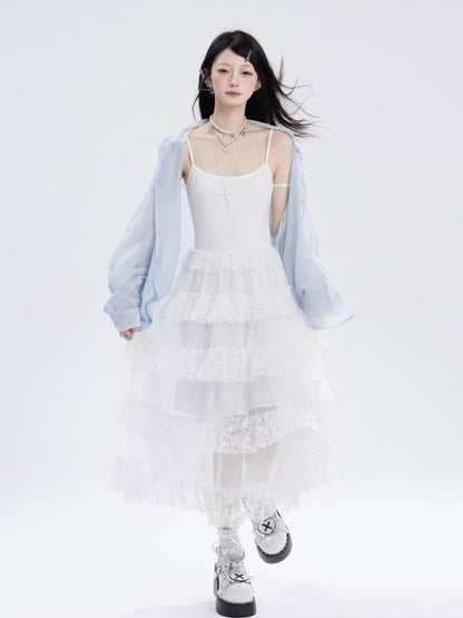 Skirt Cami Dress Waist Chain Sweet White Lace Tiered Free with