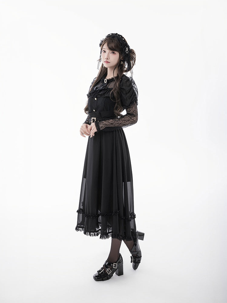 Skirt with Buckle Belt Black High Waist Mesh Overlay