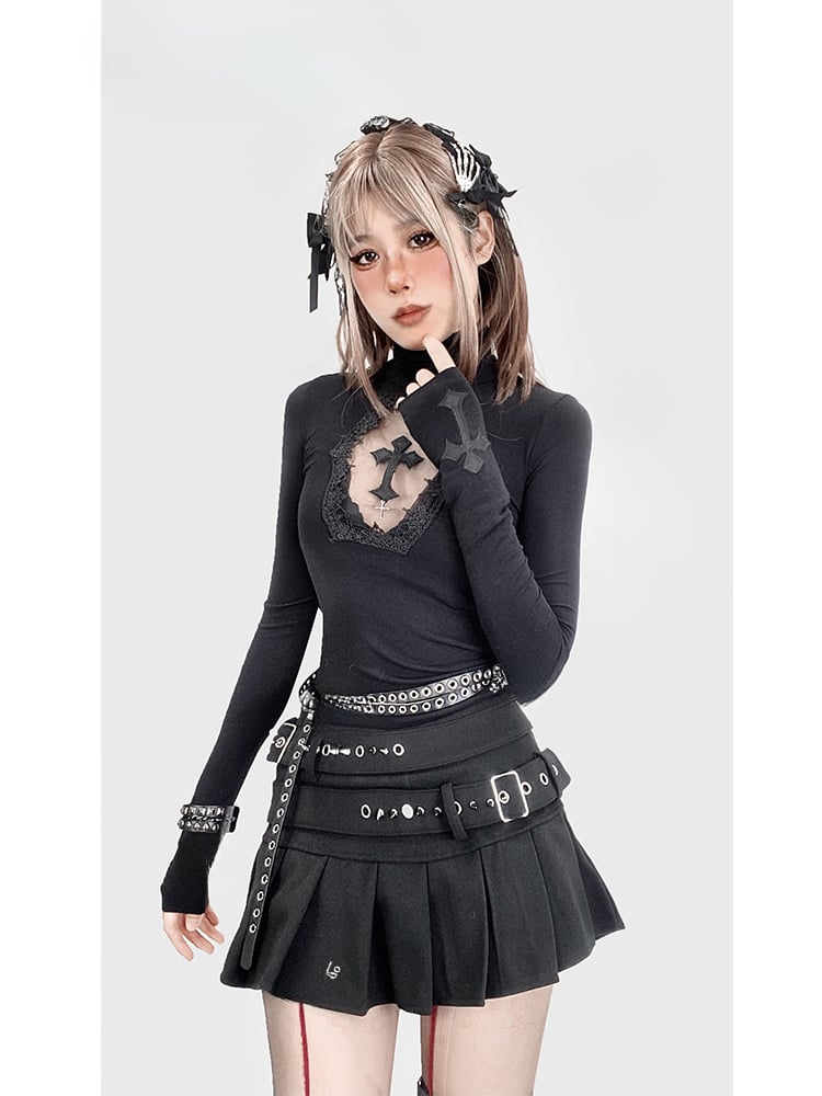 Black Buckle Belt with Stud Details Pleated Skirt with Tights