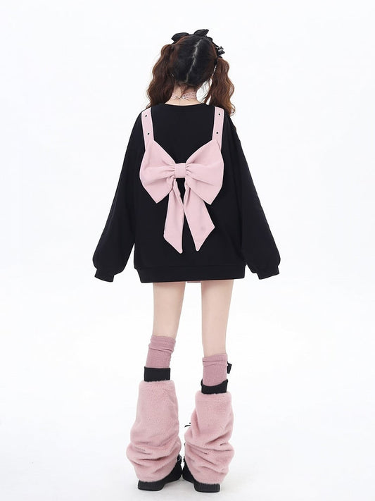 Pink/Black Cross Side-Slit Sweatshirt with Big Bow at Back