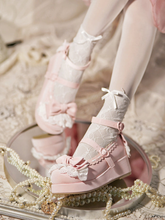 Top Heart Platforms Buckles at Bow Baby Pink Trim Lace
