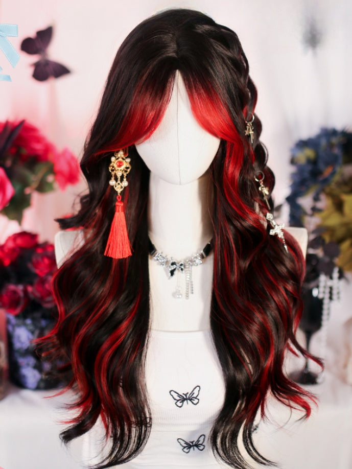 Red &Black Highlight Under Bust Length Wavy Wig with Curtain Bangs