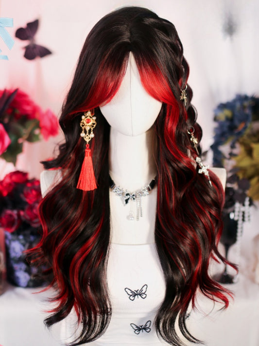 Red &Black Highlight Under Bust Length Wavy Wig with Curtain Bangs