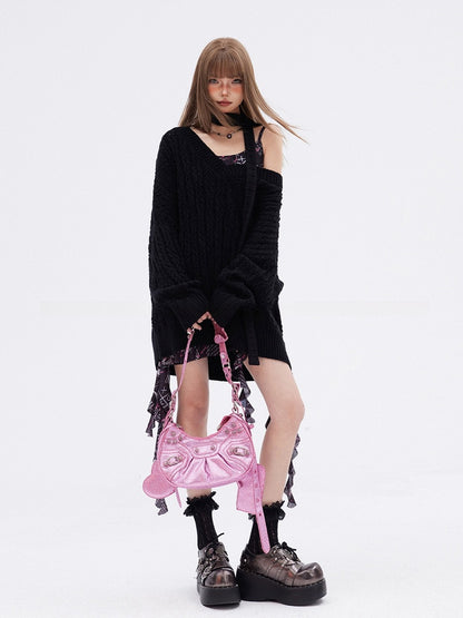 Apricot/Black V-neck Hollow-out Knitted Sweater