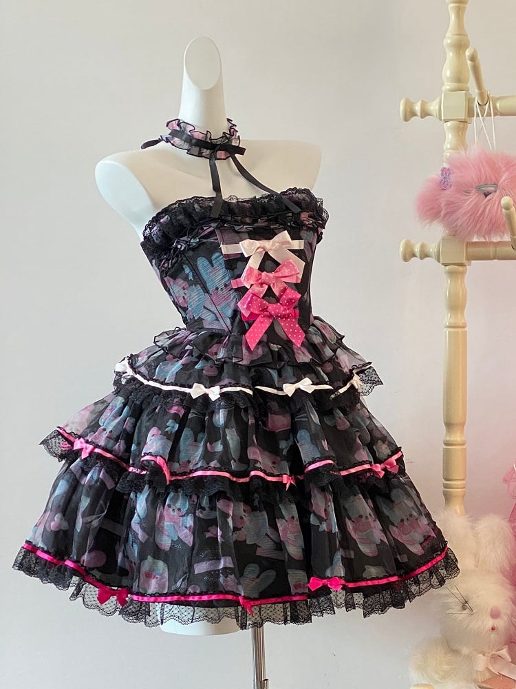 Cute Bunny Satin Bows Decorated Tiered Skirt Black Boning Dress