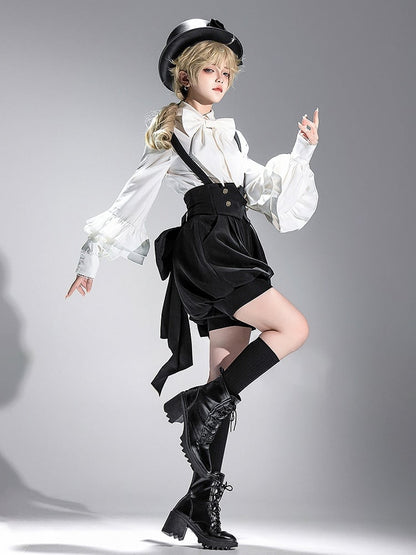 Black Ouji Lolita High Waist Overall Shorts with Big Bow Train