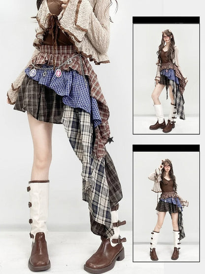Millard Plaid Brown Skirt Tiered Fashion Asymmetrical Hem Pattern