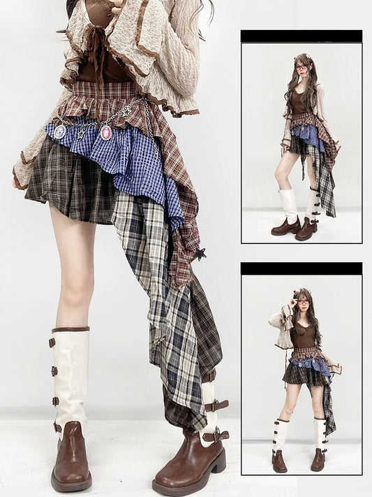 Millard Plaid Brown Skirt Tiered Fashion Asymmetrical Hem Pattern