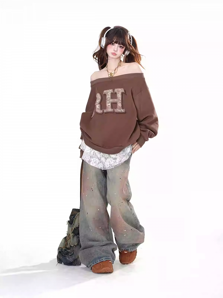 Brown/Gray Off-the-shoulder Neckline Letter Loose Sweatshirt