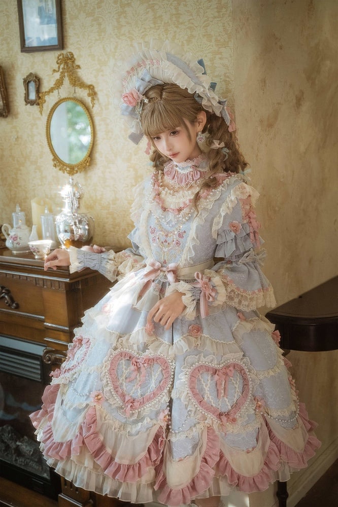 Light Gray Hanayome Rosette Embroidery Floral and Bead Chain Details Lolita OP Full Set