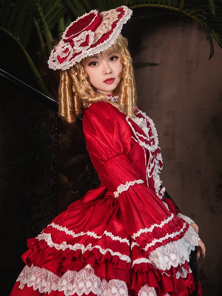 Red Gorgeous Tiered Ruffle Skirt Puff Sleeves and Bell Sleeves Lolita Dress