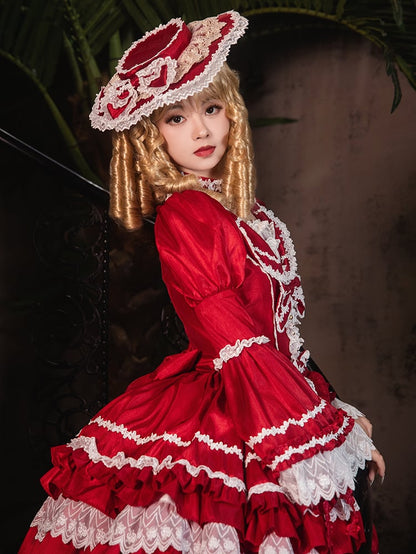 Red Gorgeous Tiered Ruffle Skirt Puff Sleeves and Bell Sleeves Lolita Dress