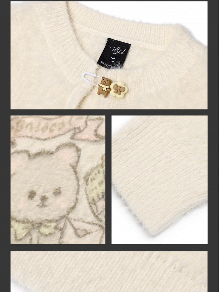 Apricot Cute Bear Pattern Mohair Loose Sweater Cutout Details at Front