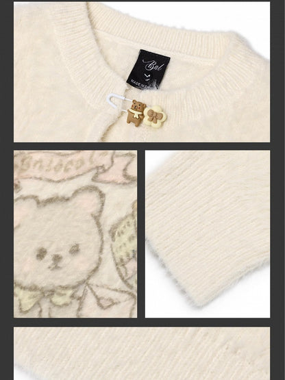 Apricot Cute Bear Pattern Mohair Loose Sweater Cutout Details at Front