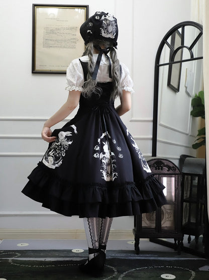 Dark Waist Dress Gothic Bunny Fit Slim Lolita Black Print