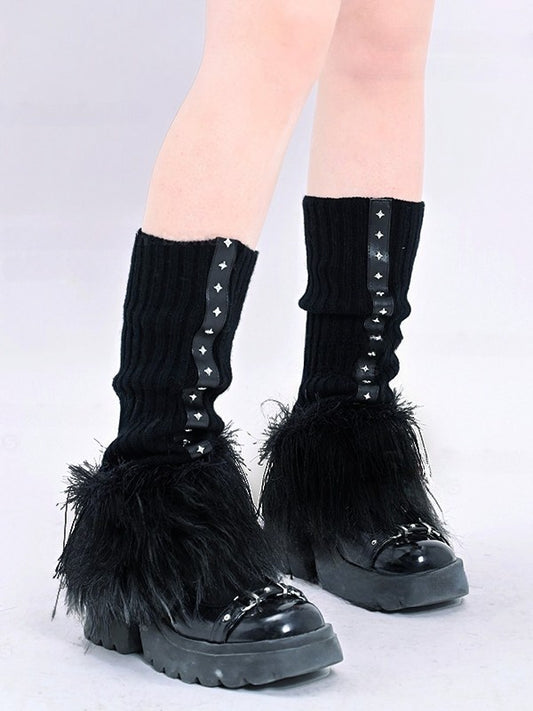 Black White Gothic Knit Leg Warmers with Plush Cuffs