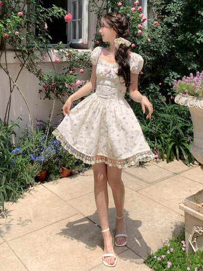 Kei Floral Dress Mori Beige Square Neckline and Short Puff Sleeves