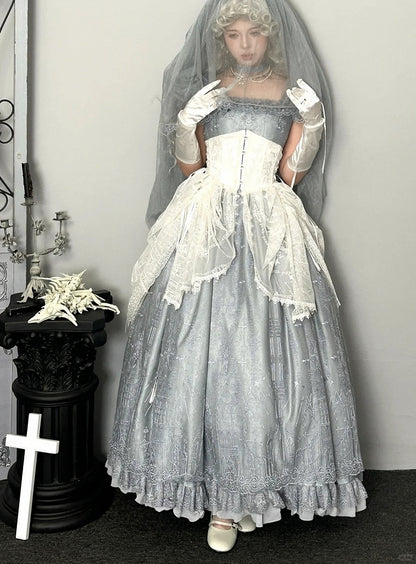White Gothic Lolita Corset Belt with Drawstring Design Cathedral Embroidery Overlay