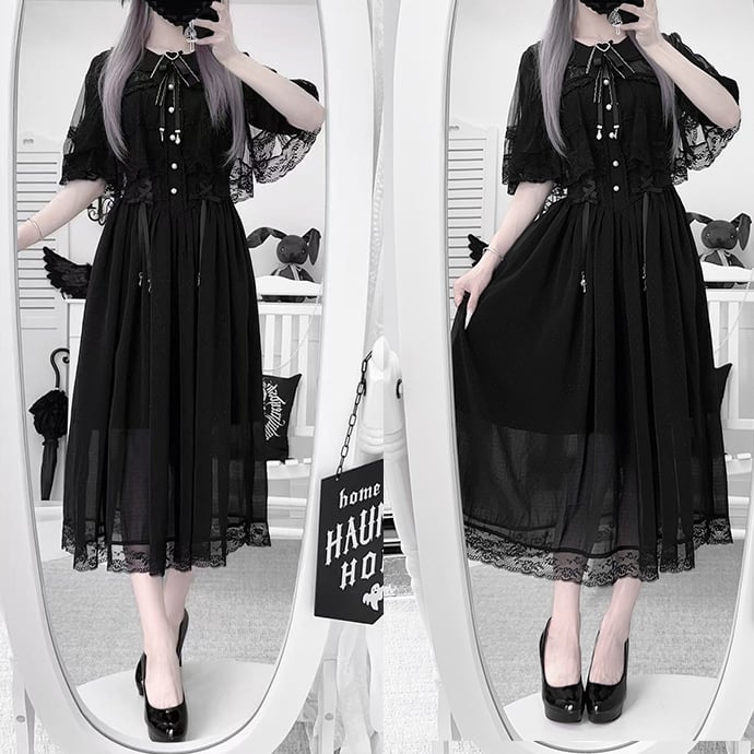 Black with Lace Lace-Up Jirai Silhouette Adjustable and Waist Kei Dress Chiffon Cape