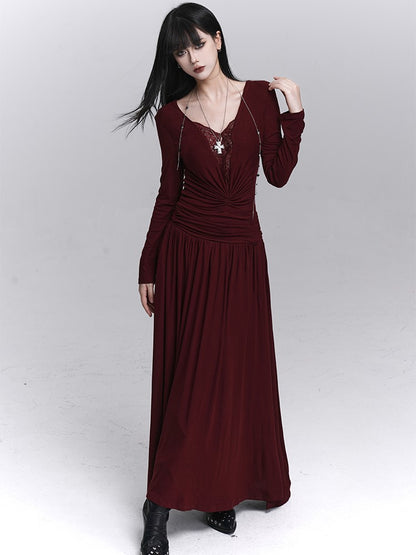 Maxi Gothic Detailing with Dark Red Abdomen Dress Lace V-Neck Ruched