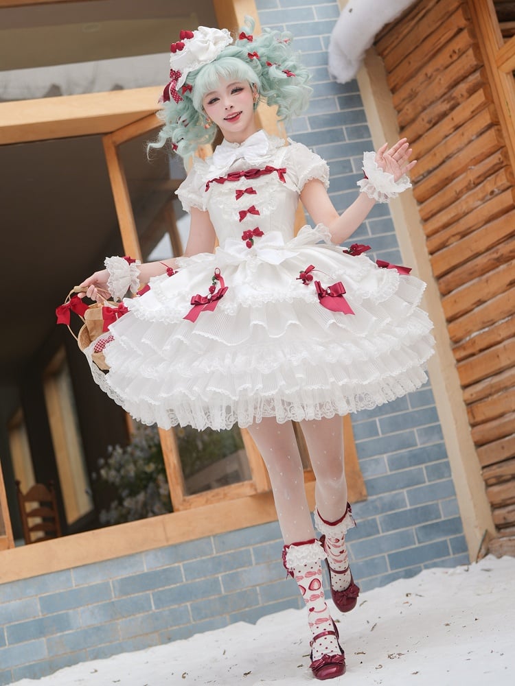 White Strawberry Princess Layered Ruffle Dress Sweet Lolita Jumper Skirt with Detachable Puff Sleeves