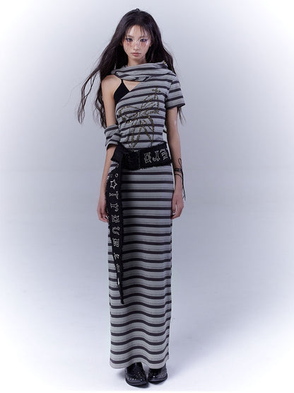 Cutout Wasteland Punk Hooded Buckle Gray Green Striped Dress and with Belt Shoulder