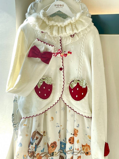 White Long Sleeves Strawberry Applique Cardiagn