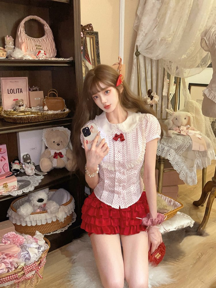 Polka mit Baumwolle Rote Bluse Punkt Akzente Weiß Dollcore