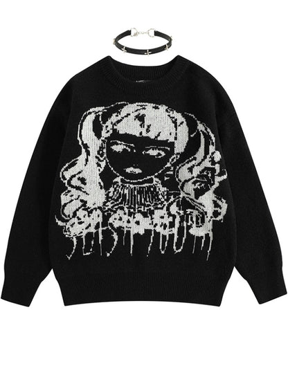 Wine Red/Black Y2K Girl Pattern Sweater with Free Choker