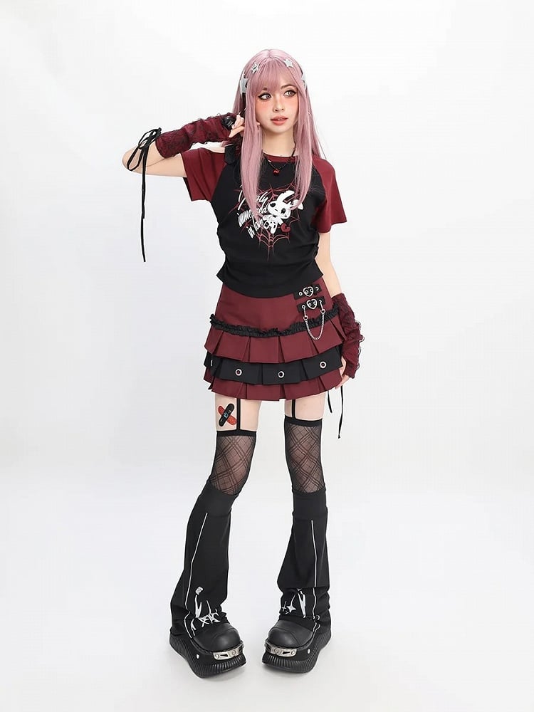 Free Red/Pink/Purple with T-Shirt Print Sleeves Y2K Cutout Shoulder Spiderweb