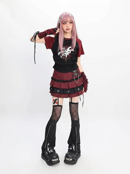 Free Red/Pink/Purple with T-Shirt Print Sleeves Y2K Cutout Shoulder Spiderweb