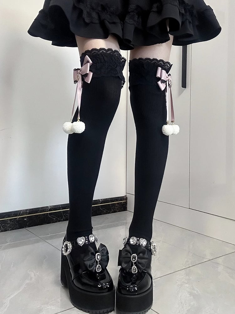 Jirai Kei Pompom Details Lace Cuffs Bowknots Overknee Stockings