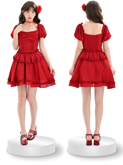 Pleating Waist Hem Details Vintage Dress Red Square Neckline Puff Sleeves Ruffle