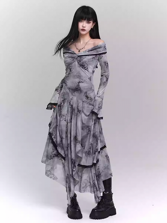 Robe à épaules dénudées et imprimé papillons violet/gris foncé/abricot