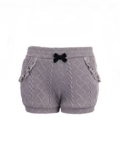 Pocket Lace-Trimmed Black With Gray Shorts Detail Bow Fleece Knit