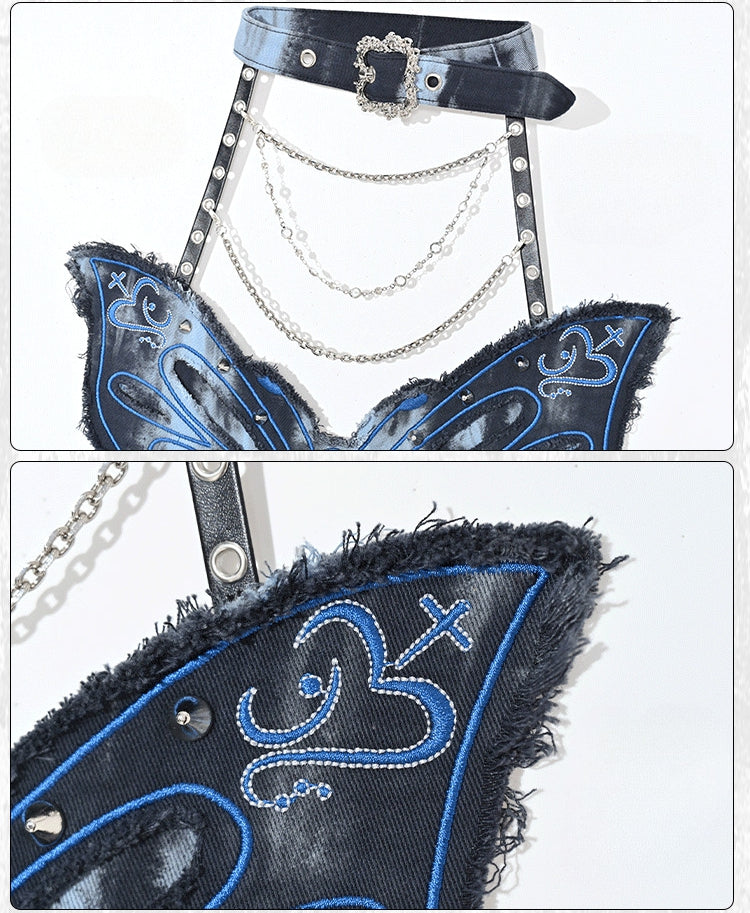 Rock Dye Butterfly Halter Punk Grunge Neck Tie Fairycore Blue Top