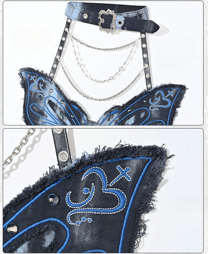 Rock Dye Butterfly Halter Punk Grunge Neck Tie Fairycore Blue Top