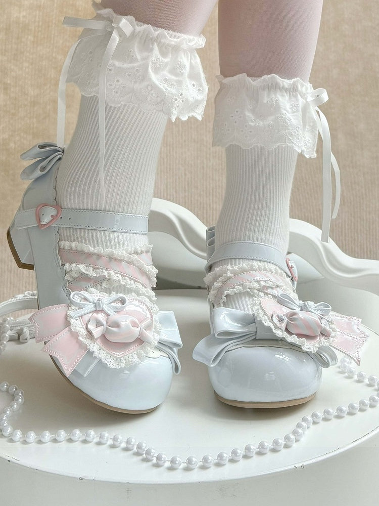 - Low Heels Pink with Clip Style Lolita Sweet A Candy-Decorated Heart Shoe Bow Blue