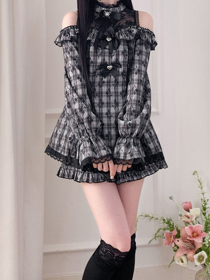 Set Skirt Cutout Shoulder Mini Shorts Jirai Kei Illusion Dress Neckline Plaid with Ruffled Gray Hem