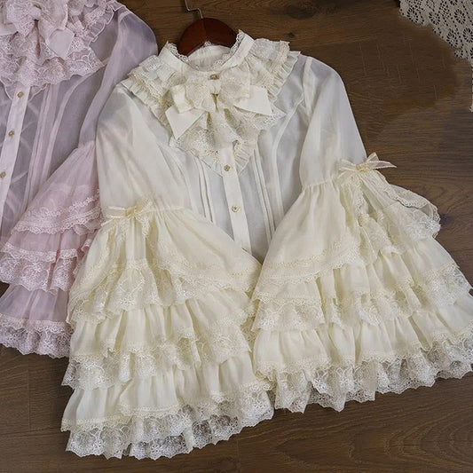 Beige Long Layered Bell Sleeves Chiffon Blouse