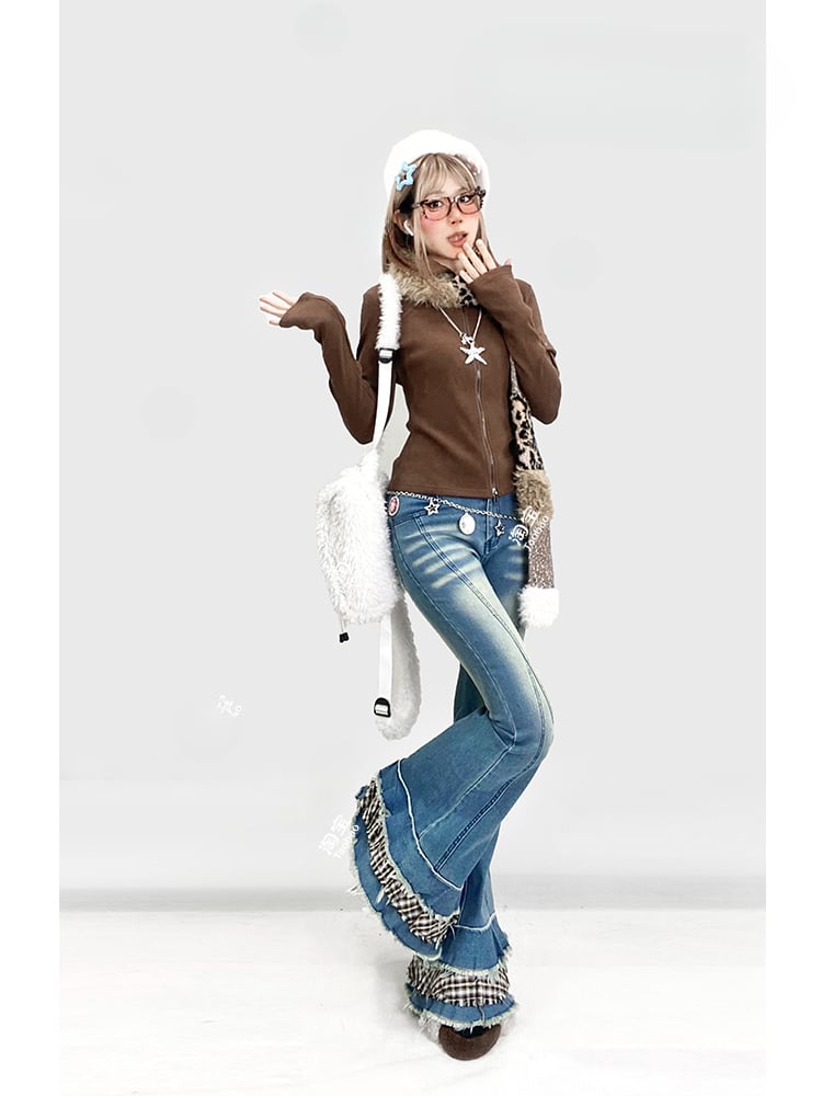 Blue Denim Flared Jeans with Plaid Trim