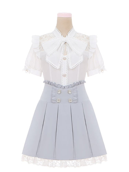 Accents Trim Jirai Light Blue Box Pleat Skirt Lace Ruffled Rhinestone Kei
