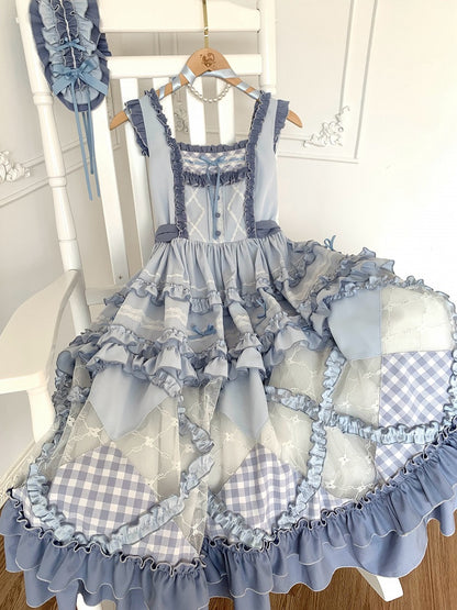 Blue Gingham Pattern and Floral Lace Patches Skirt Casual Lolita Dress