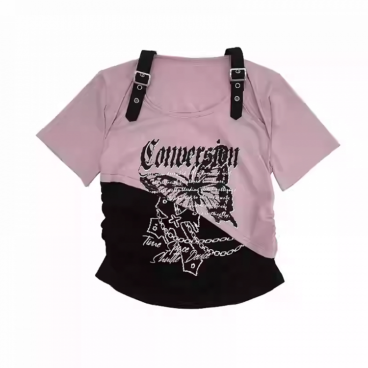 Butterfly Print T-Shirt Short Colorblock Cutout Shoulder Version Red/Pink/Purple Y2K