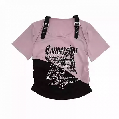 Butterfly Print T-Shirt Short Colorblock Cutout Shoulder Version Red/Pink/Purple Y2K