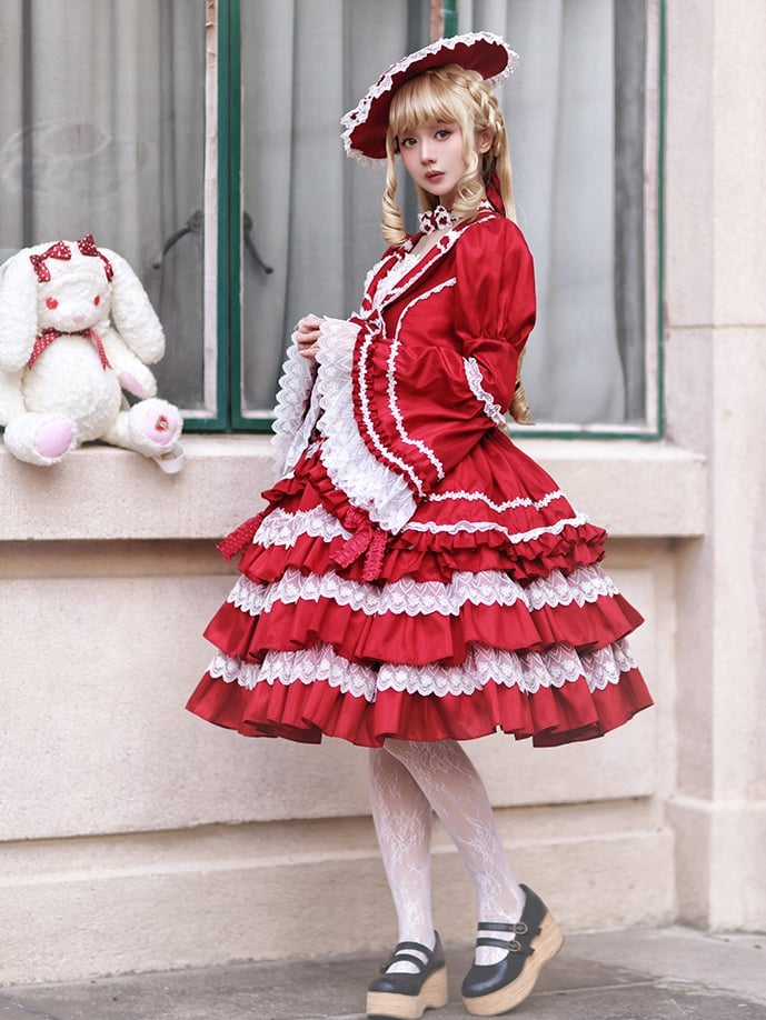 Red Gorgeous Tiered Ruffle Skirt Puff Sleeves and Bell Sleeves Lolita Dress