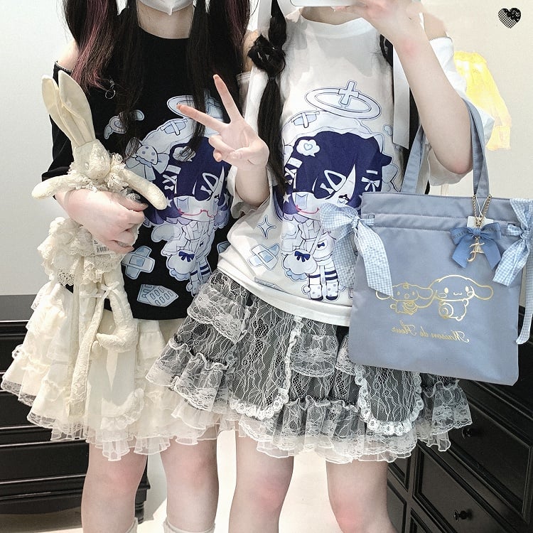 Double-Layered Jirai Kei Lace Black/White/Pink Bunny Ears Design Skirt