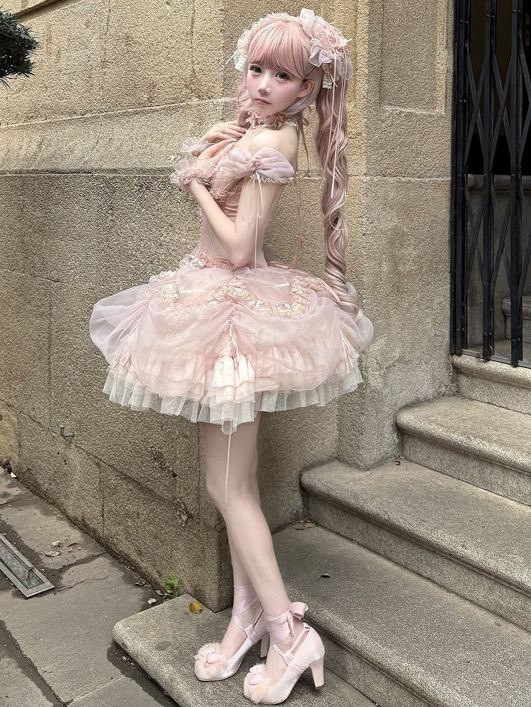 Sleeves Layered Outfit Top Corset Balletcore Ruffle Pink Boned Puff Princess Lolita + Skirt