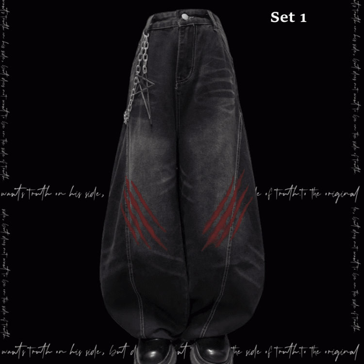 Faded Scratch Print Distressed Punk Wide-Leg Jeans Wash Black